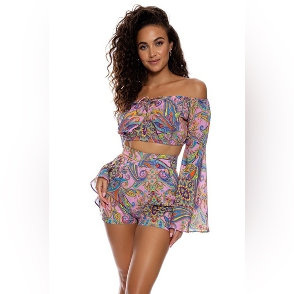 Luli Fama NWOT Pinkin About You Pink Paisley Crop Top Medium - Picture 9 of 9